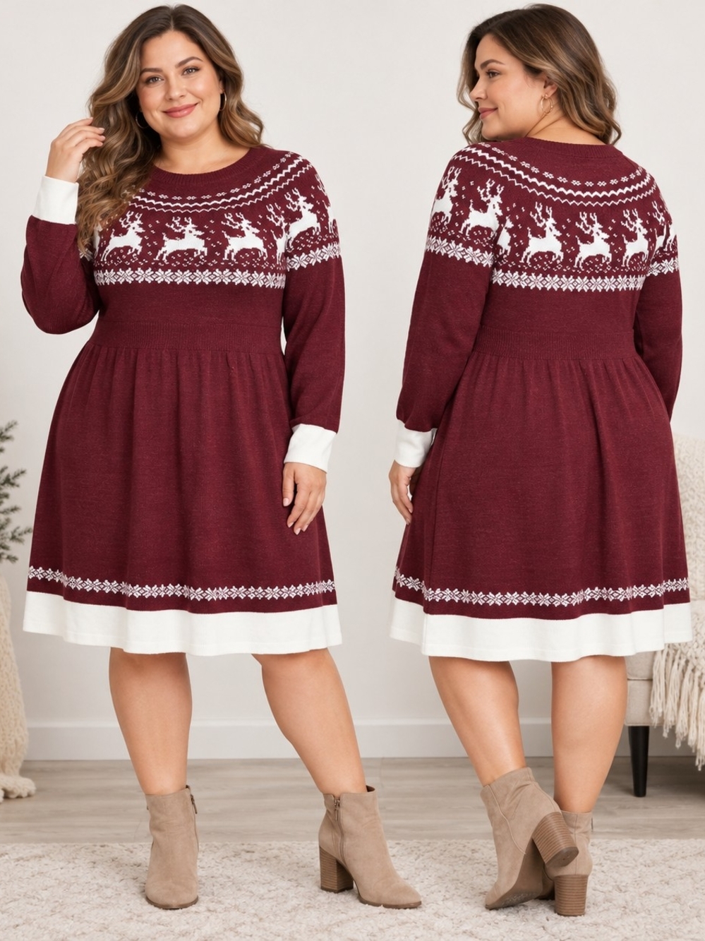 BLOOMCHIC Reindeer Fair Isle Sweater Dress Size 18/20 Burgundy Wintercore Cottag